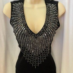 CACHE Plunge Silver Beaded and Sequin Black knit Top blouse medium